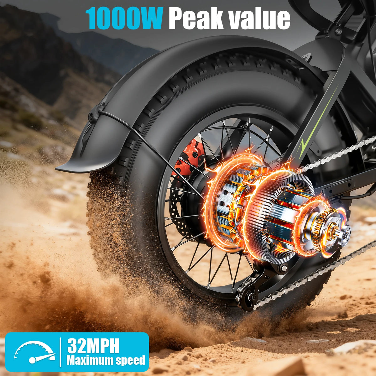 GT600 1000W Peak Fat Tire Electric Mountain Bike UL Certified
