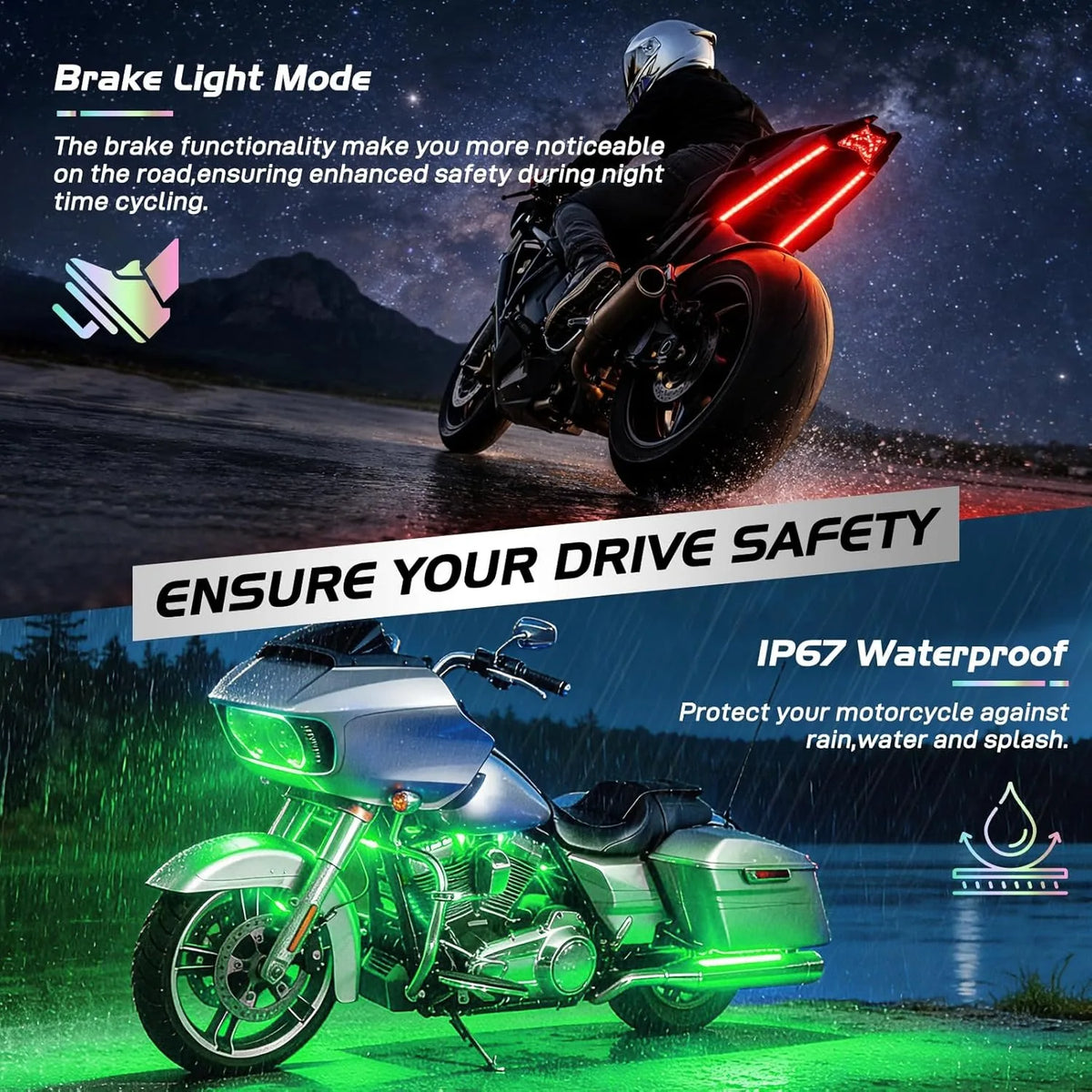 Nilight Motorcycle LED Underglow Light Kit With App Control Waterproof Lights