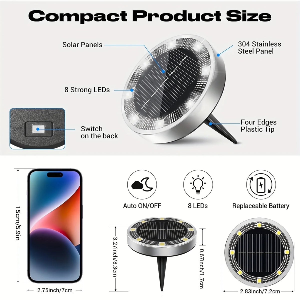 Solar Stainless Steel Ground Lights for Garden Paths and Lawns