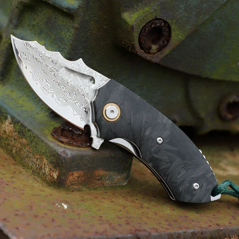 Alvely Damascus Steel Folding EDC Knife With Carbon Fiber Handle