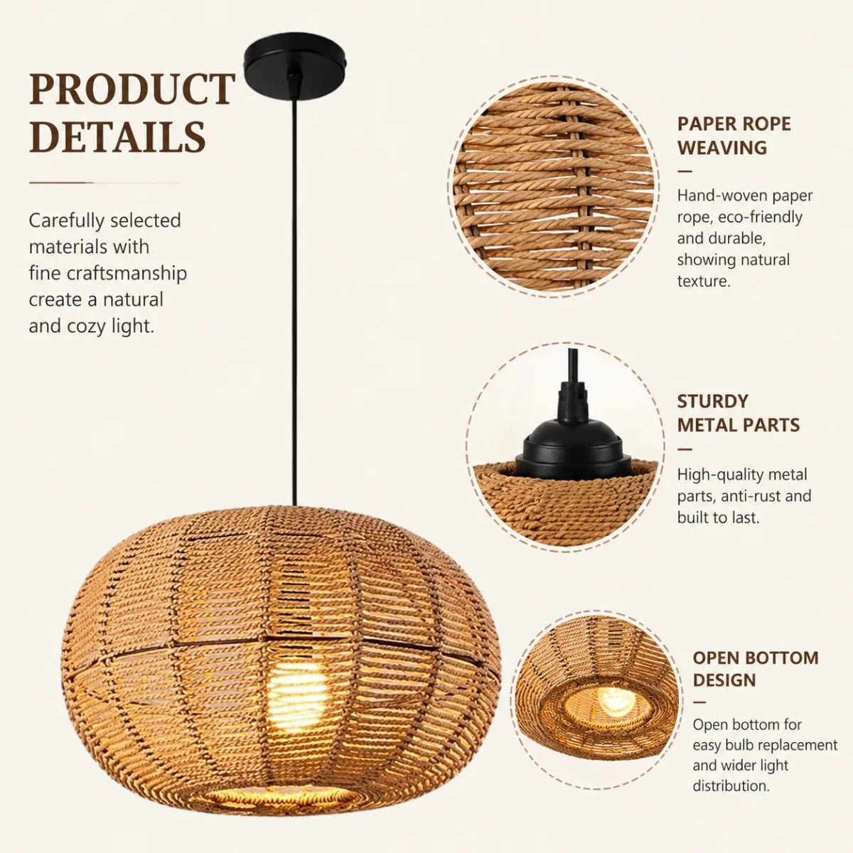 JOYINLED Handwoven Rattan Pendant Light Fixture for Boho Farmhouse Decor