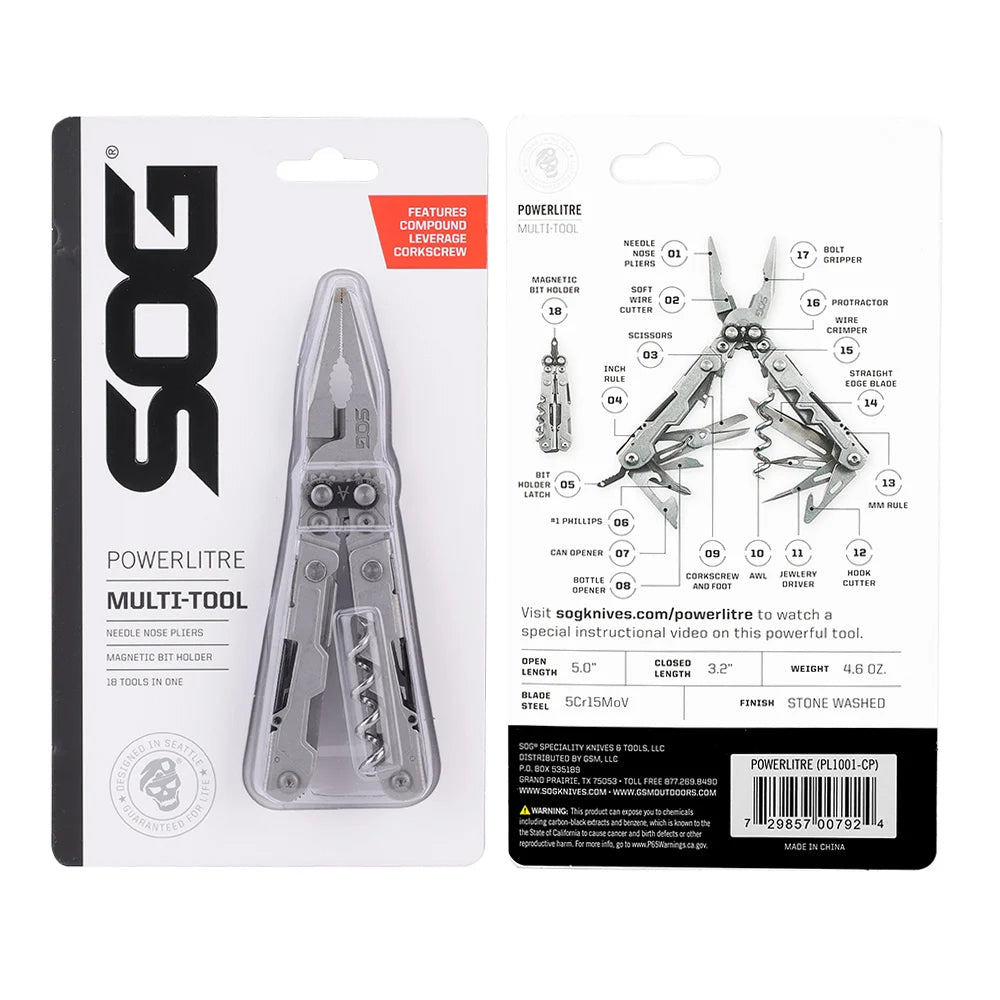 SOG PowerLitre 19 Function Stainless Steel Pocket Multitool Corkscrew