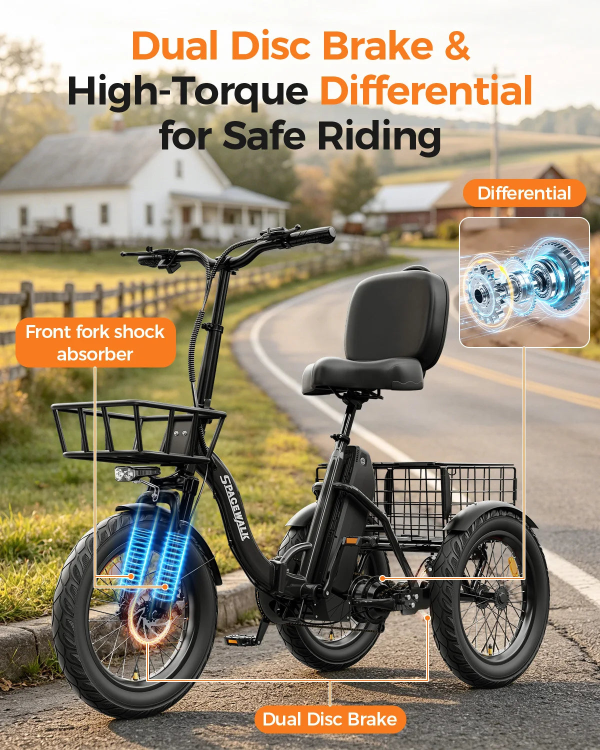 EILLEO SPACEWALK 1200W Peak Electric Trike With Rear Cargo Basket