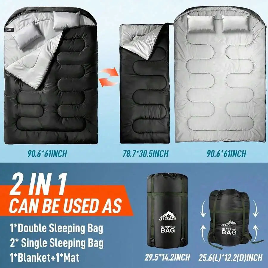 Double Sleeping Bag 2 Person All Season Camping With Pillow