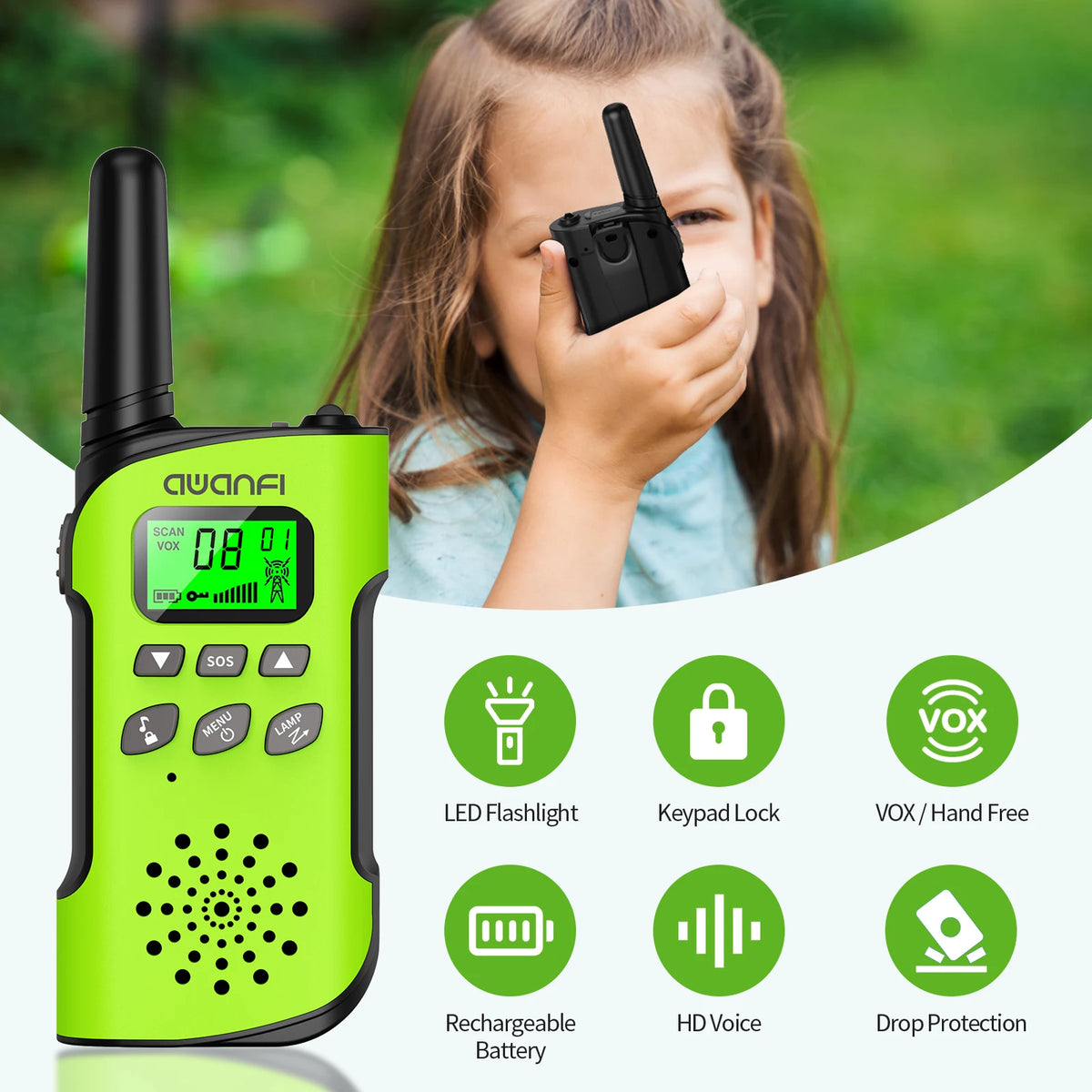 AWANFI Rechargeable Walkie Talkies With Flashlight For Kids And Camping