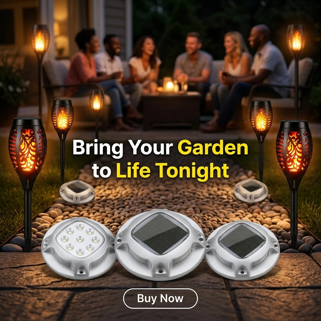 Solar Garden Lights Set With Flame Torches And Pathway LEDs