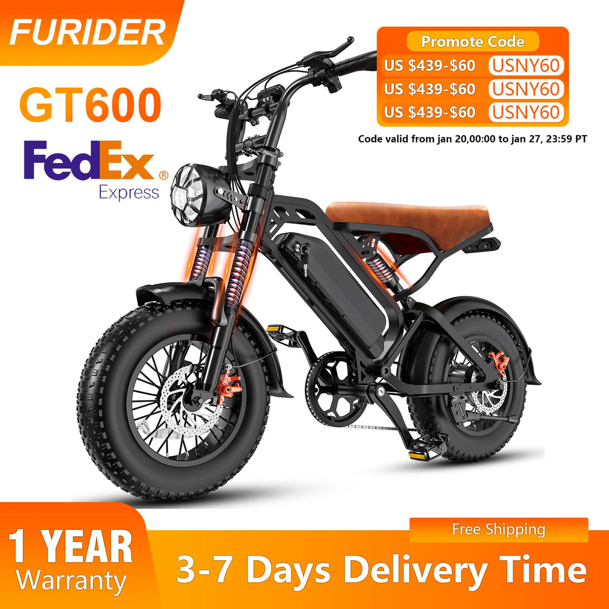GT600 1000W Peak Fat Tire Electric Mountain Bike UL Certified