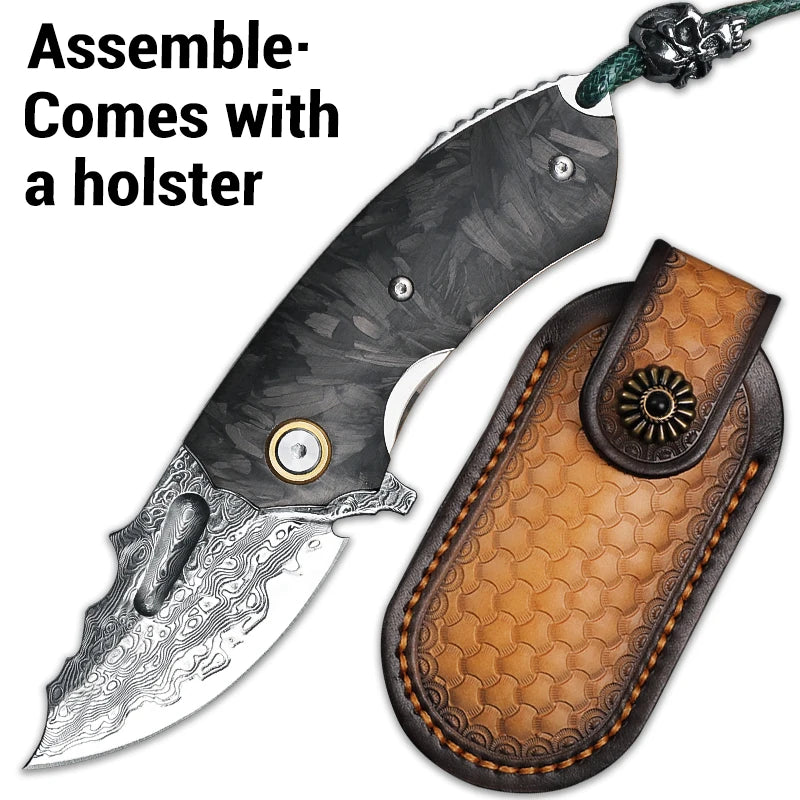 Alvely Damascus Steel Folding EDC Knife With Carbon Fiber Handle