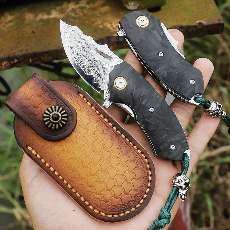 Alvely Damascus Steel Folding EDC Knife With Carbon Fiber Handle