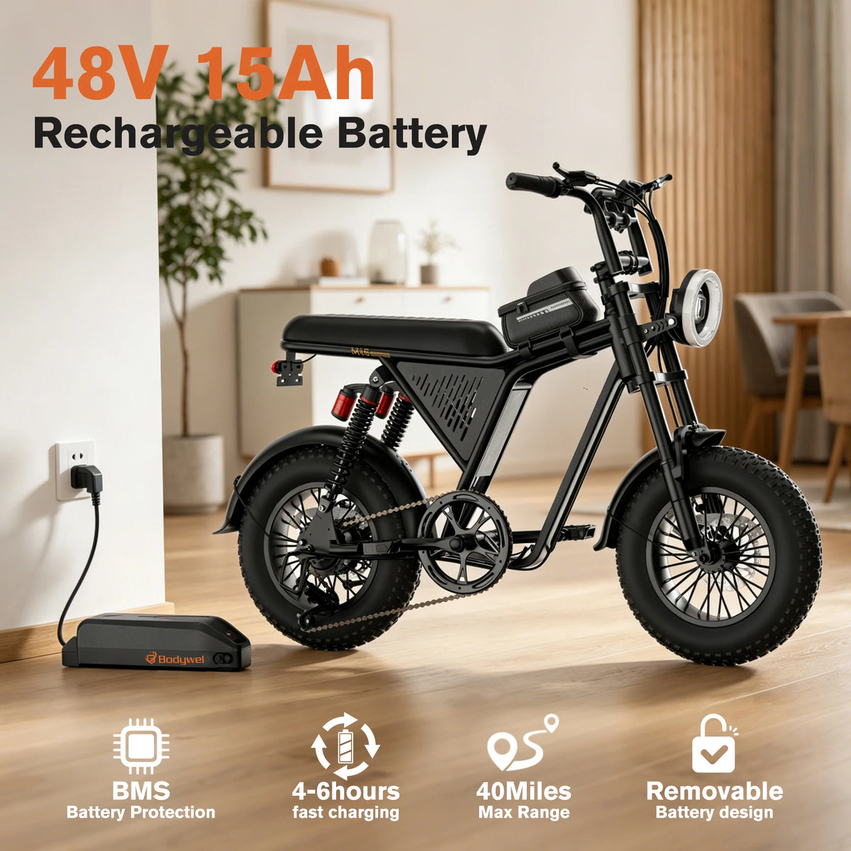 Bodywel M16 Fat Tire Off Road Electric Bike Removable Battery