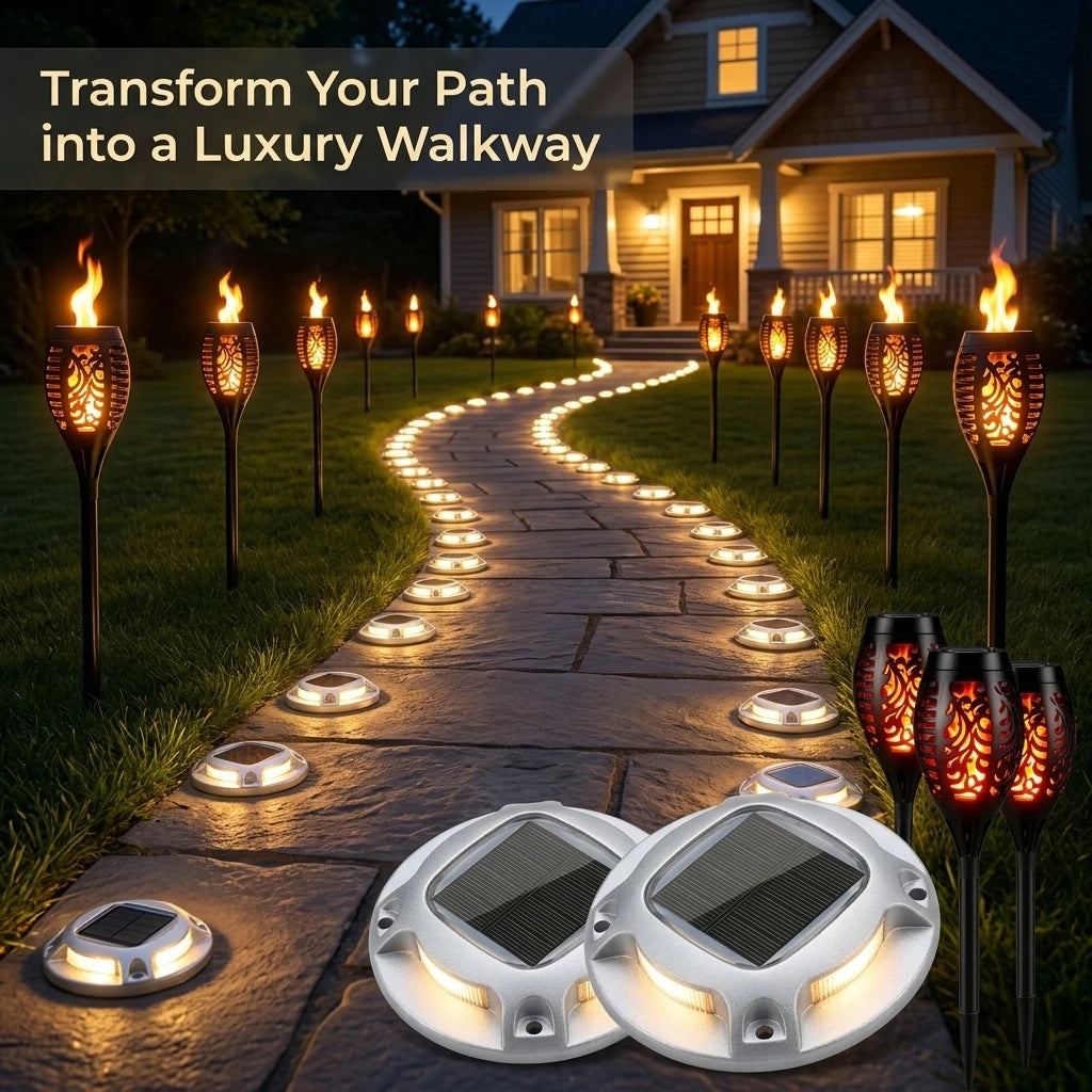 Solar Garden Lights Set With Flame Torches And Pathway LEDs