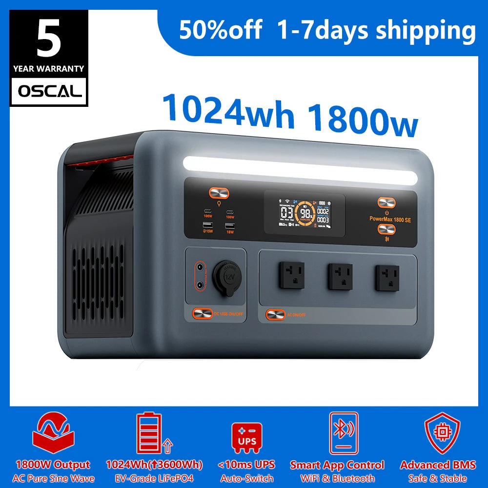 OSCAL 1024Wh Portable Power Station Featuring Reliable LiFePO4 Battery