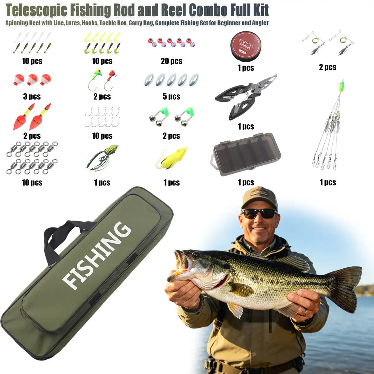 Portable Telescopic Fishing Rod And Reel Combo Kit With Lures