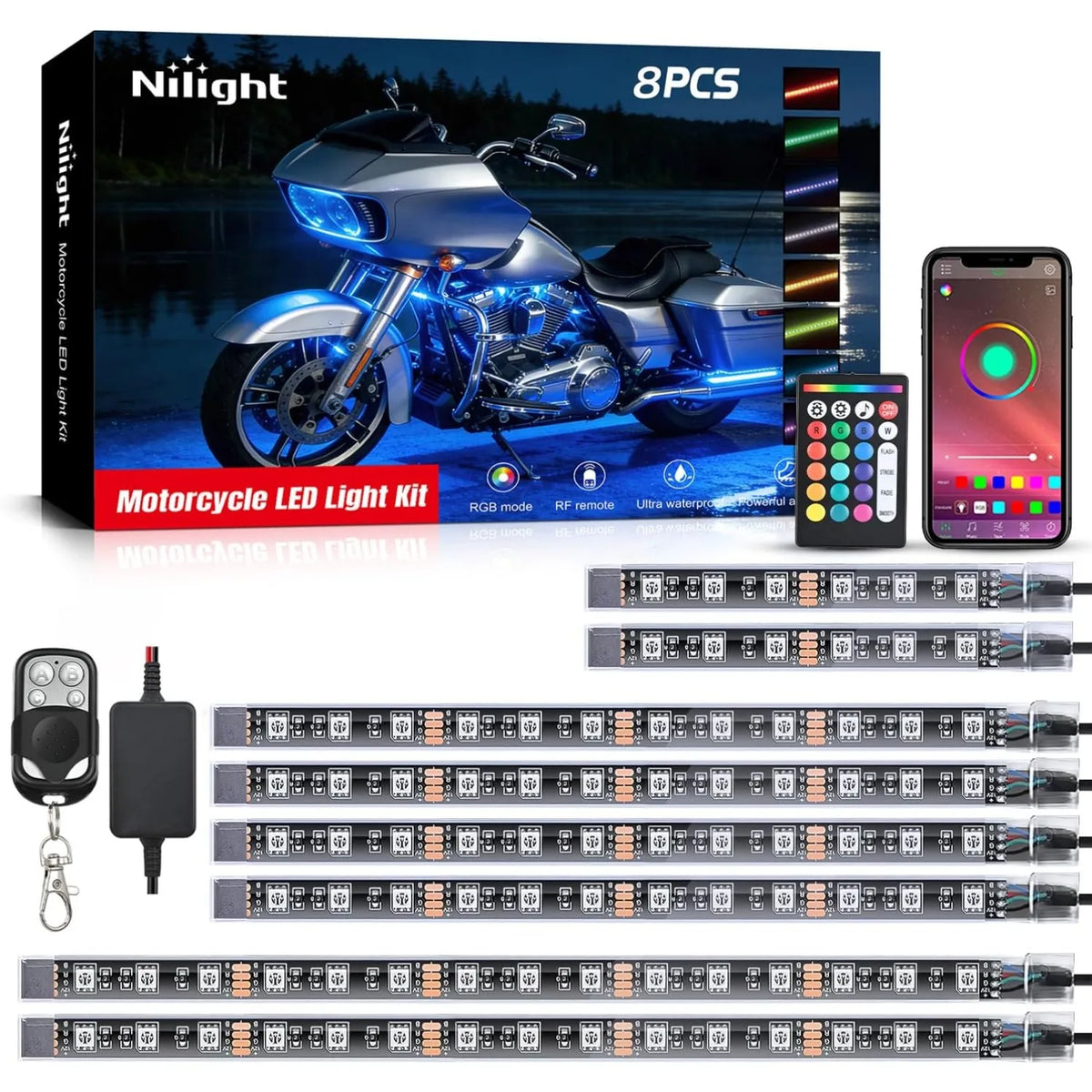 Nilight Motorcycle LED Underglow Light Kit With App Control Waterproof Lights