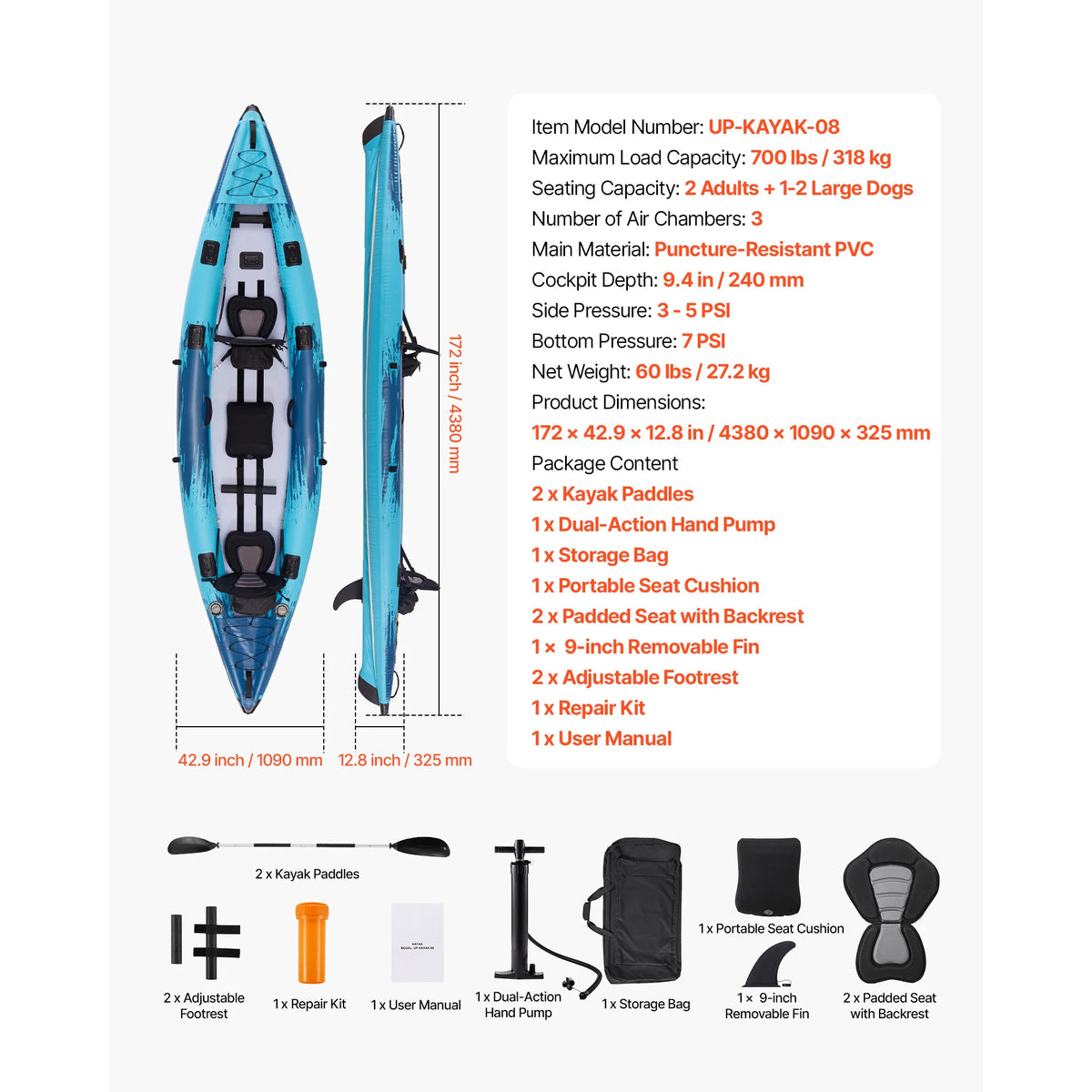 Durable Inflatable Kayak Two Person With Padded Seat For Fishing