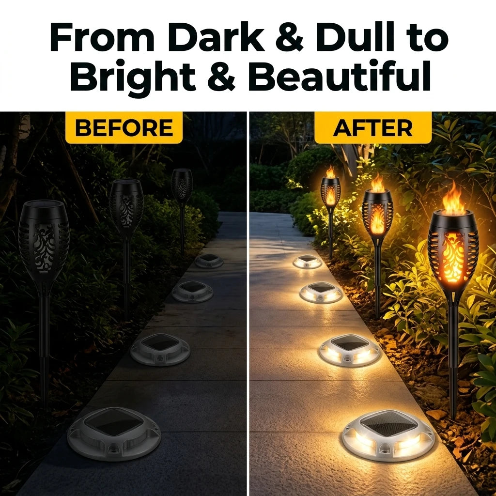 Solar Garden Lights Set With Flame Torches And Pathway LEDs