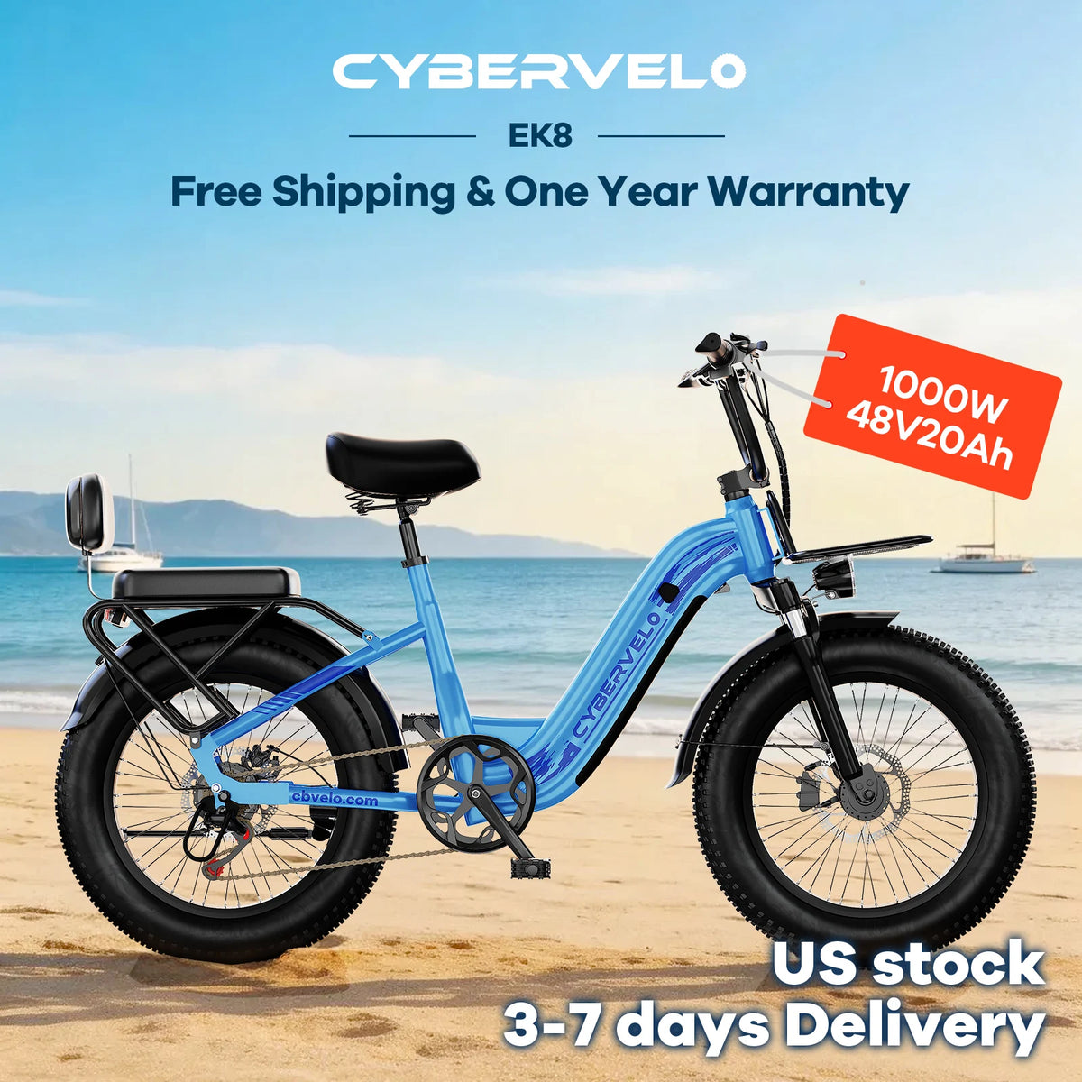 Cybervelo EK8 1000W Peak Step Through Fat Tire Electric Bike