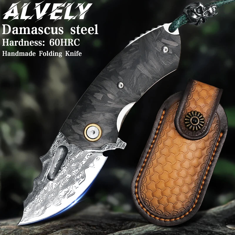 Alvely Damascus Steel Folding EDC Knife With Carbon Fiber Handle
