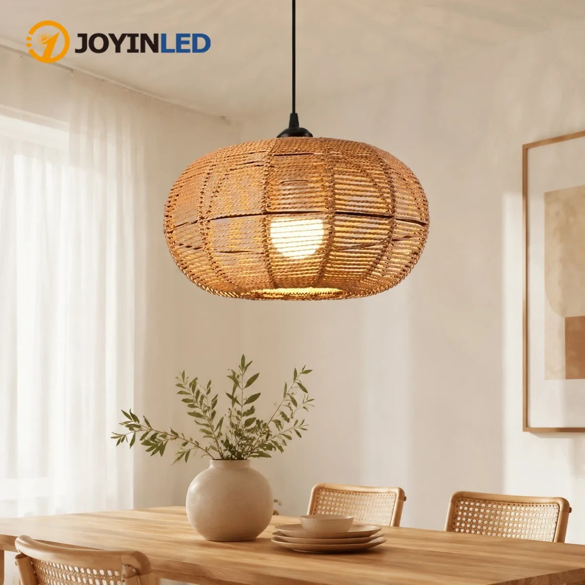 JOYINLED Handwoven Rattan Pendant Light Fixture for Boho Farmhouse Decor
