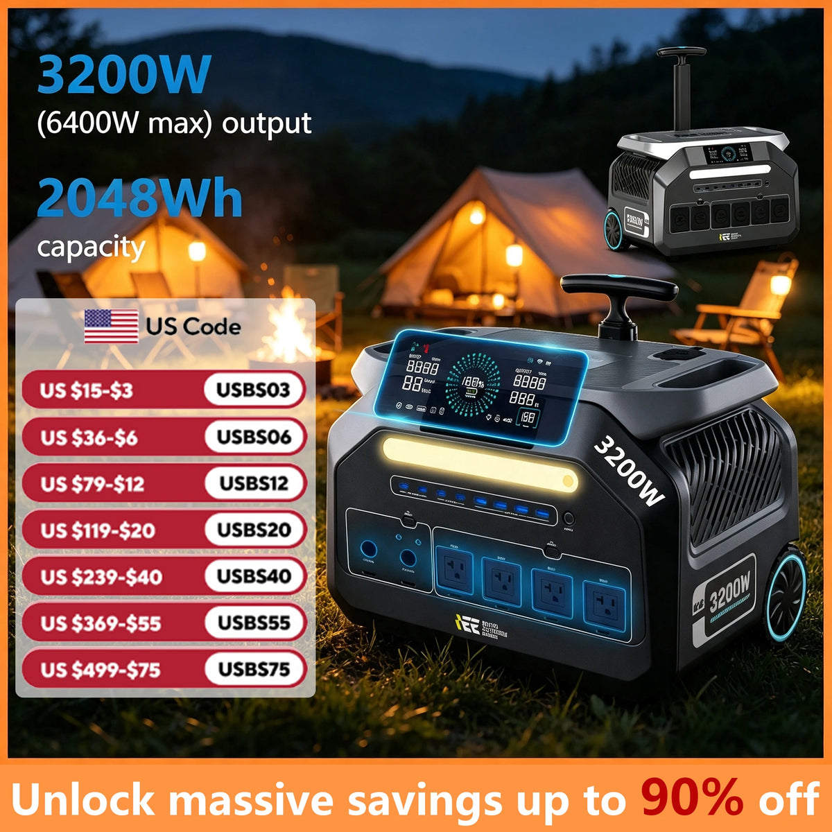 IEE P3200 Portable Power Station 3200W 2048Wh LiFePO4 Solar Generator