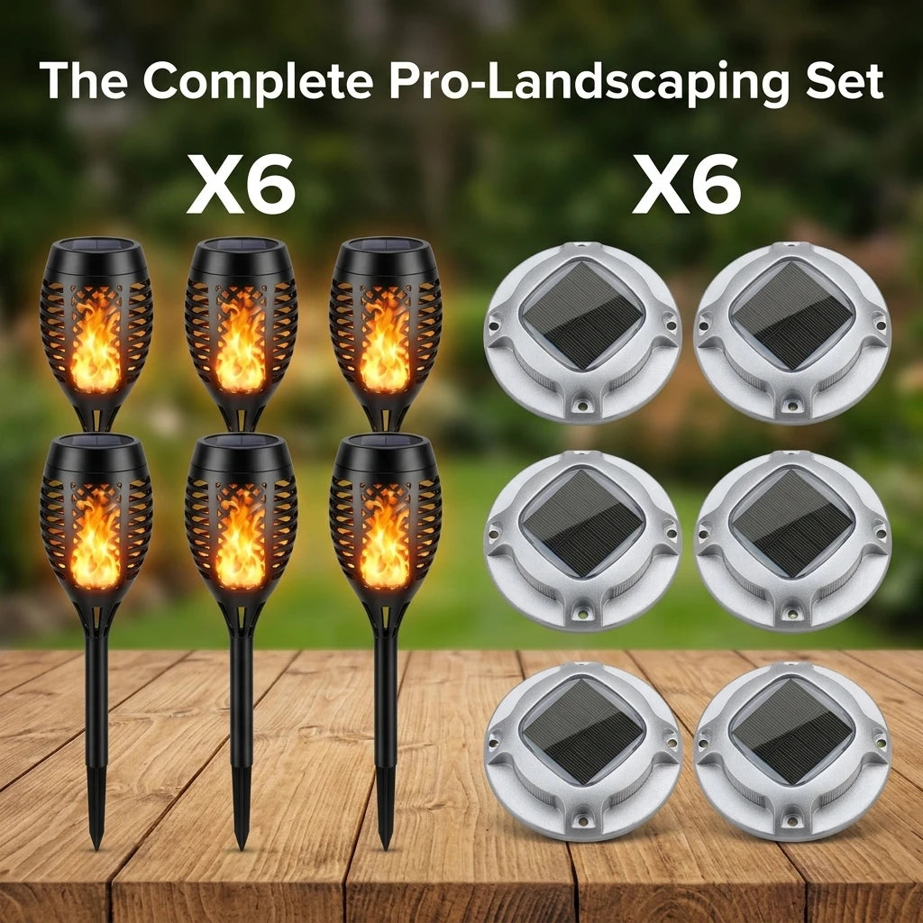 Solar Garden Lights Set With Flame Torches And Pathway LEDs