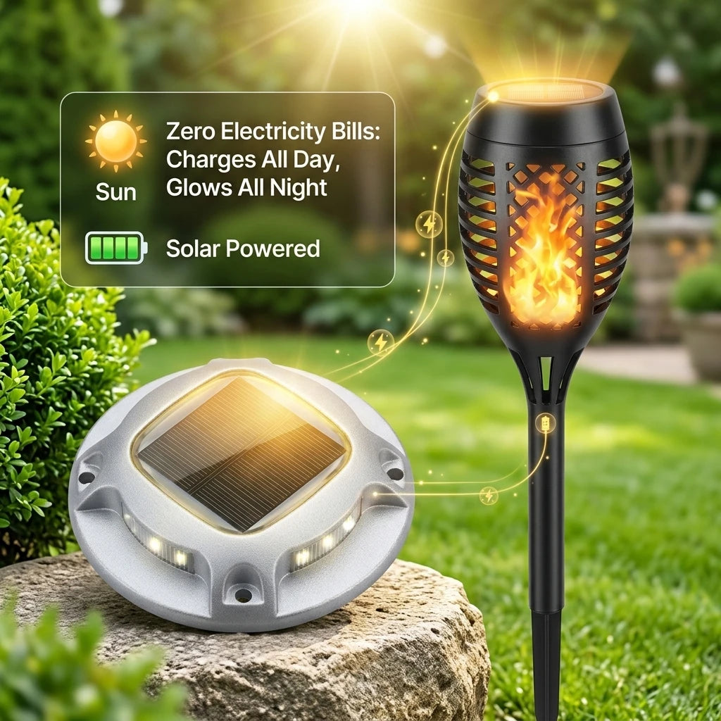 Solar Garden Lights Set With Flame Torches And Pathway LEDs