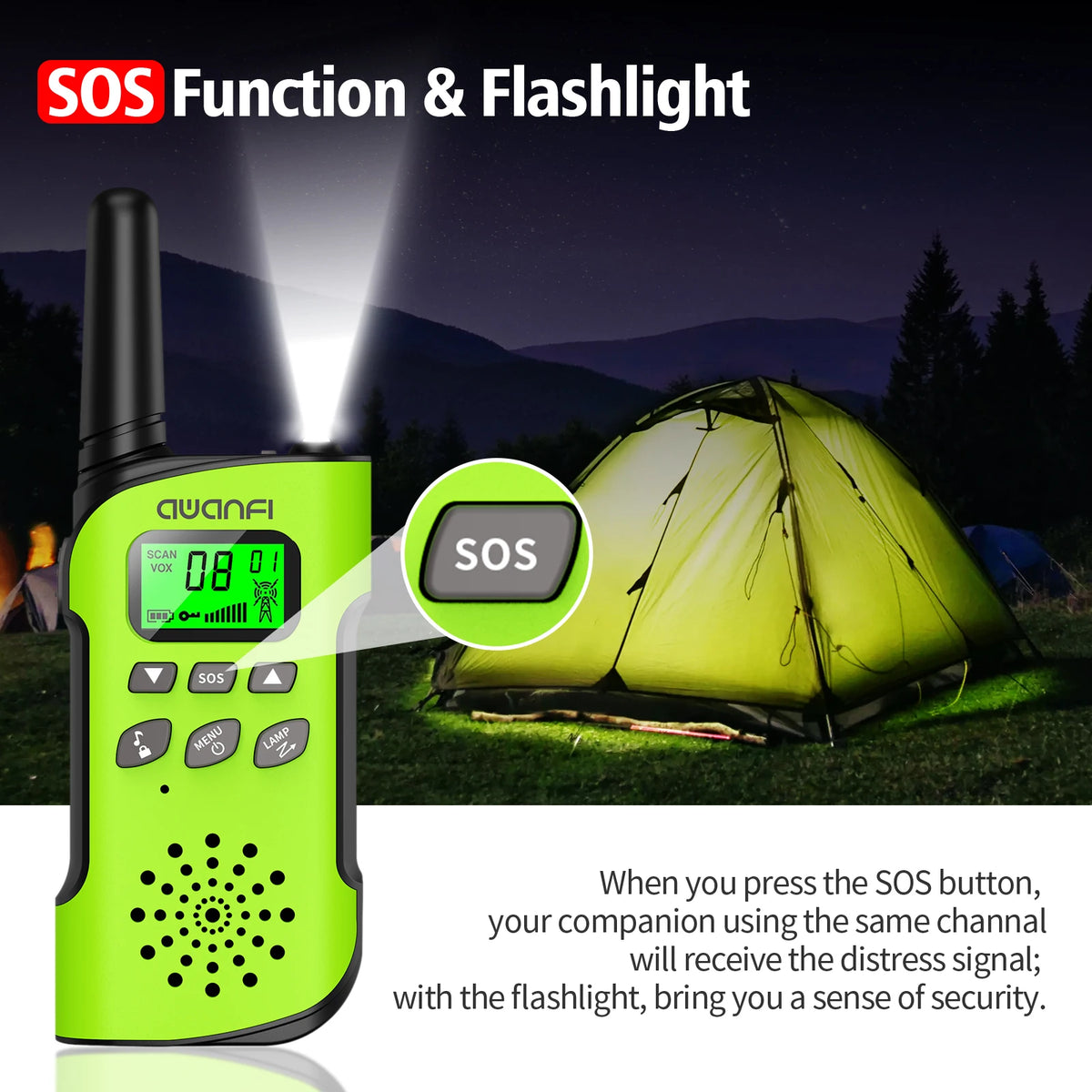 AWANFI Rechargeable Walkie Talkies With Flashlight For Kids And Camping
