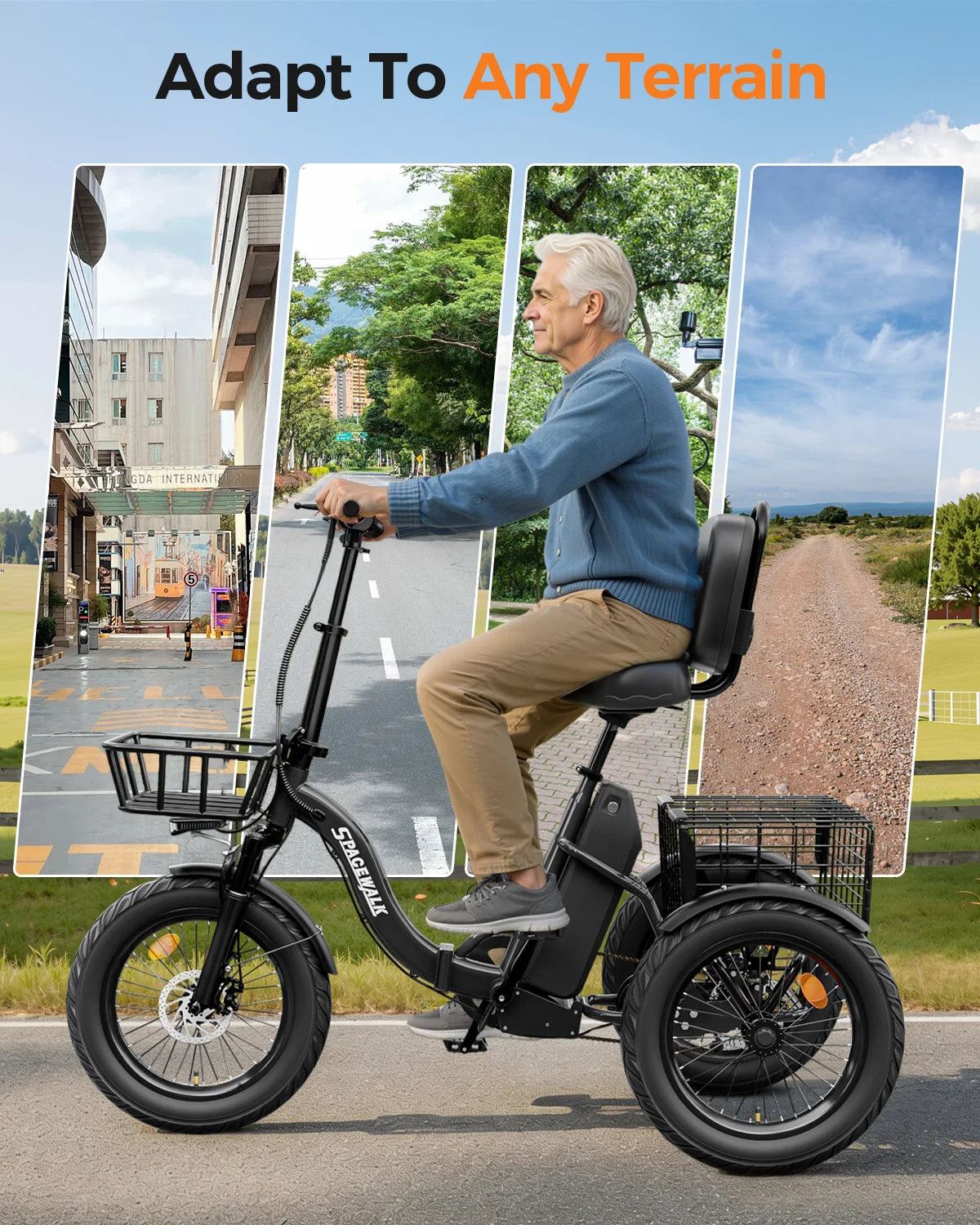 EILLEO SPACEWALK 1200W Peak Electric Trike With Rear Cargo Basket
