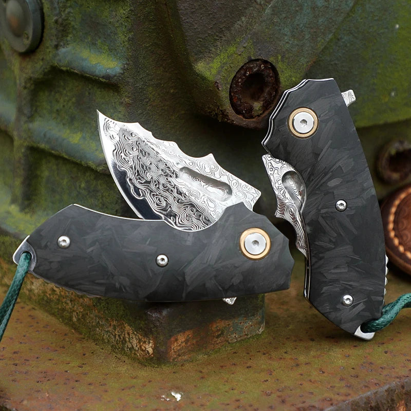 Alvely Damascus Steel Folding EDC Knife With Carbon Fiber Handle