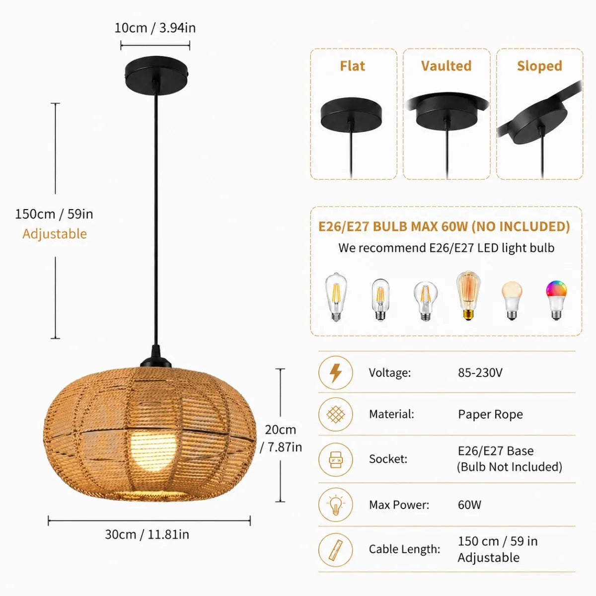 JOYINLED Handwoven Rattan Pendant Light Fixture for Boho Farmhouse Decor