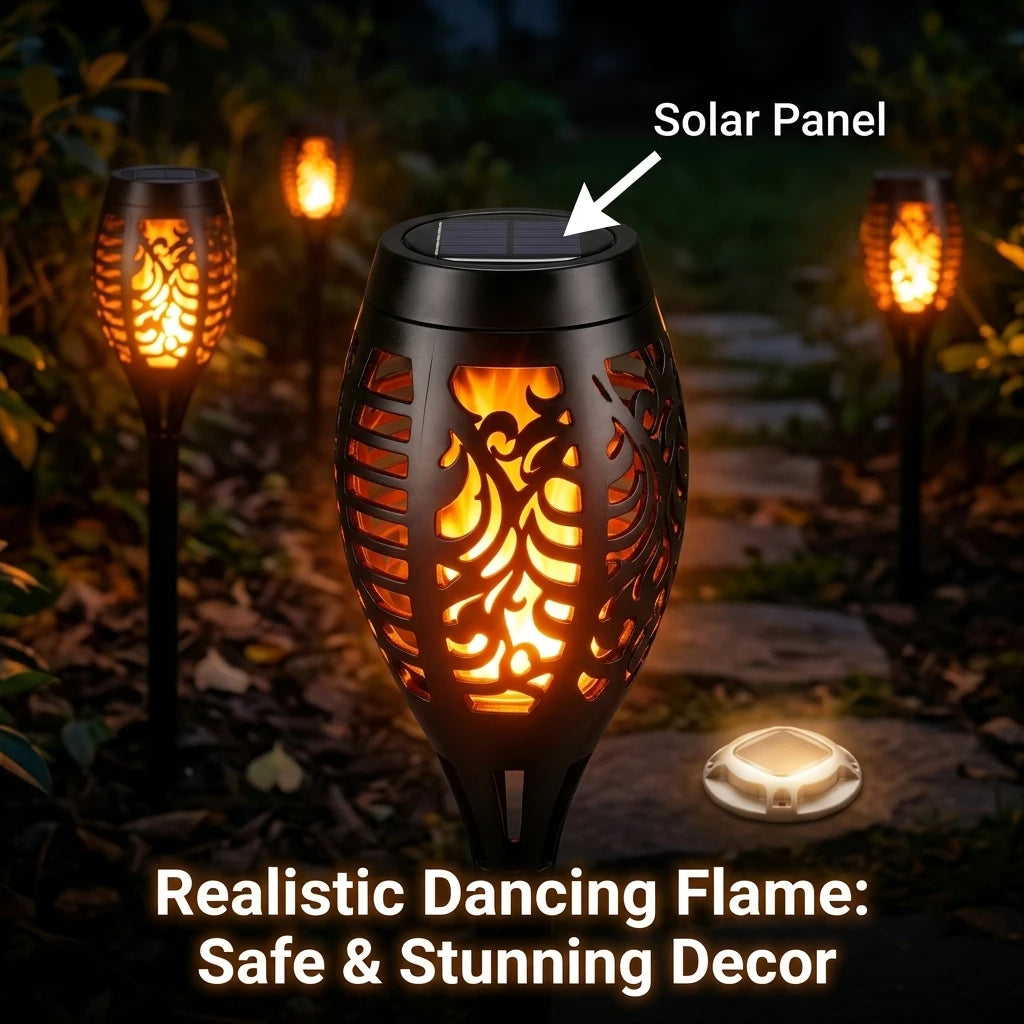 Solar Garden Lights Set With Flame Torches And Pathway LEDs