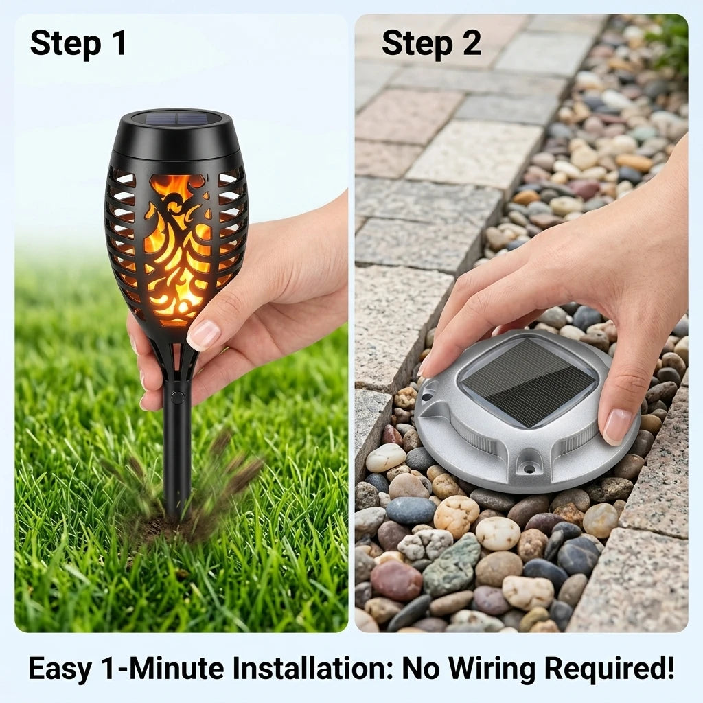 Solar Garden Lights Set With Flame Torches And Pathway LEDs
