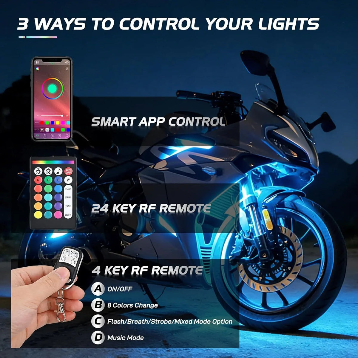 Nilight Motorcycle LED Underglow Light Kit With App Control Waterproof Lights