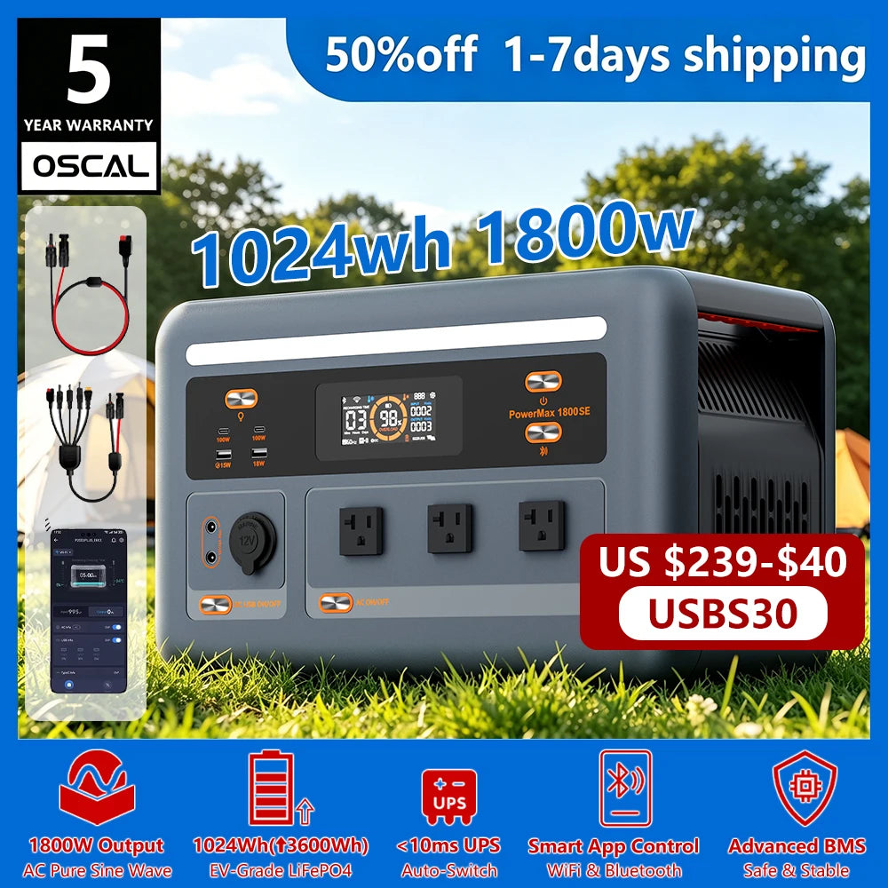 OSCAL 1024Wh Portable Power Station Featuring Reliable LiFePO4 Battery