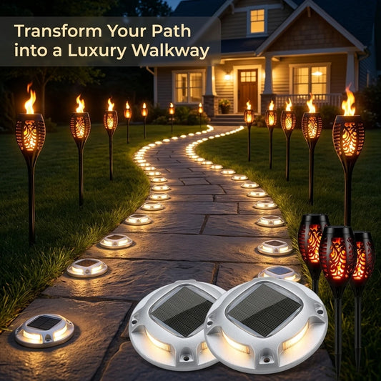 Solar Garden Lights Set With Flame Torches And Pathway LEDs