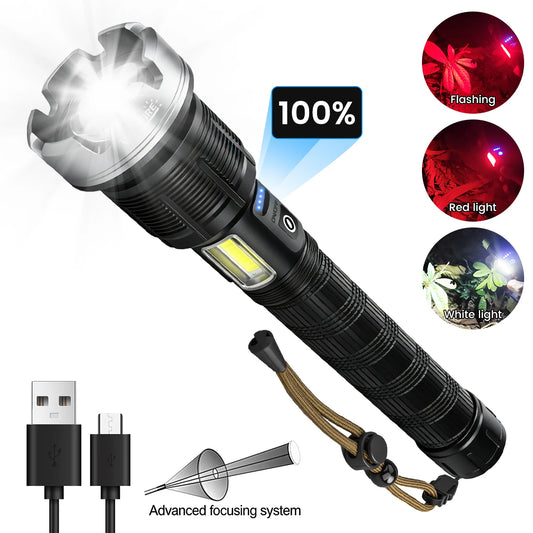 Rechargeable XHP90 LED Flashlight With Zoom And COB Side Lamp
