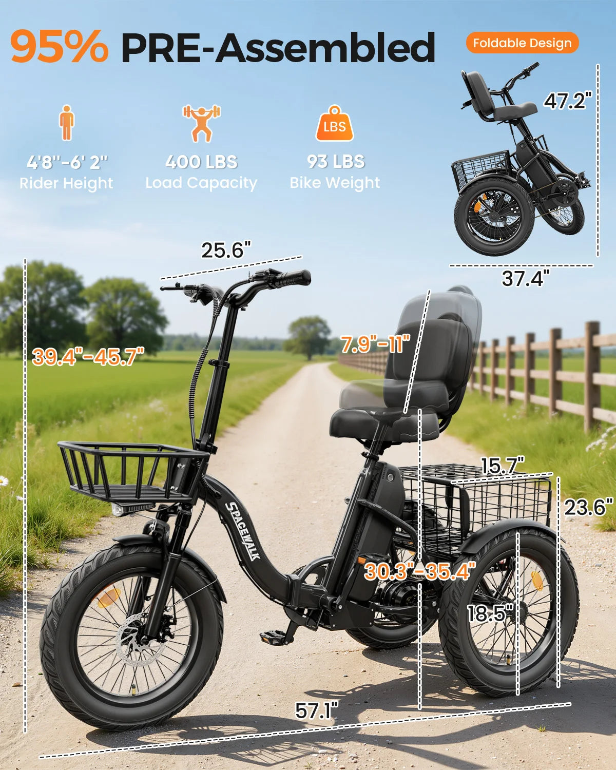 EILLEO SPACEWALK 1200W Peak Electric Trike With Rear Cargo Basket
