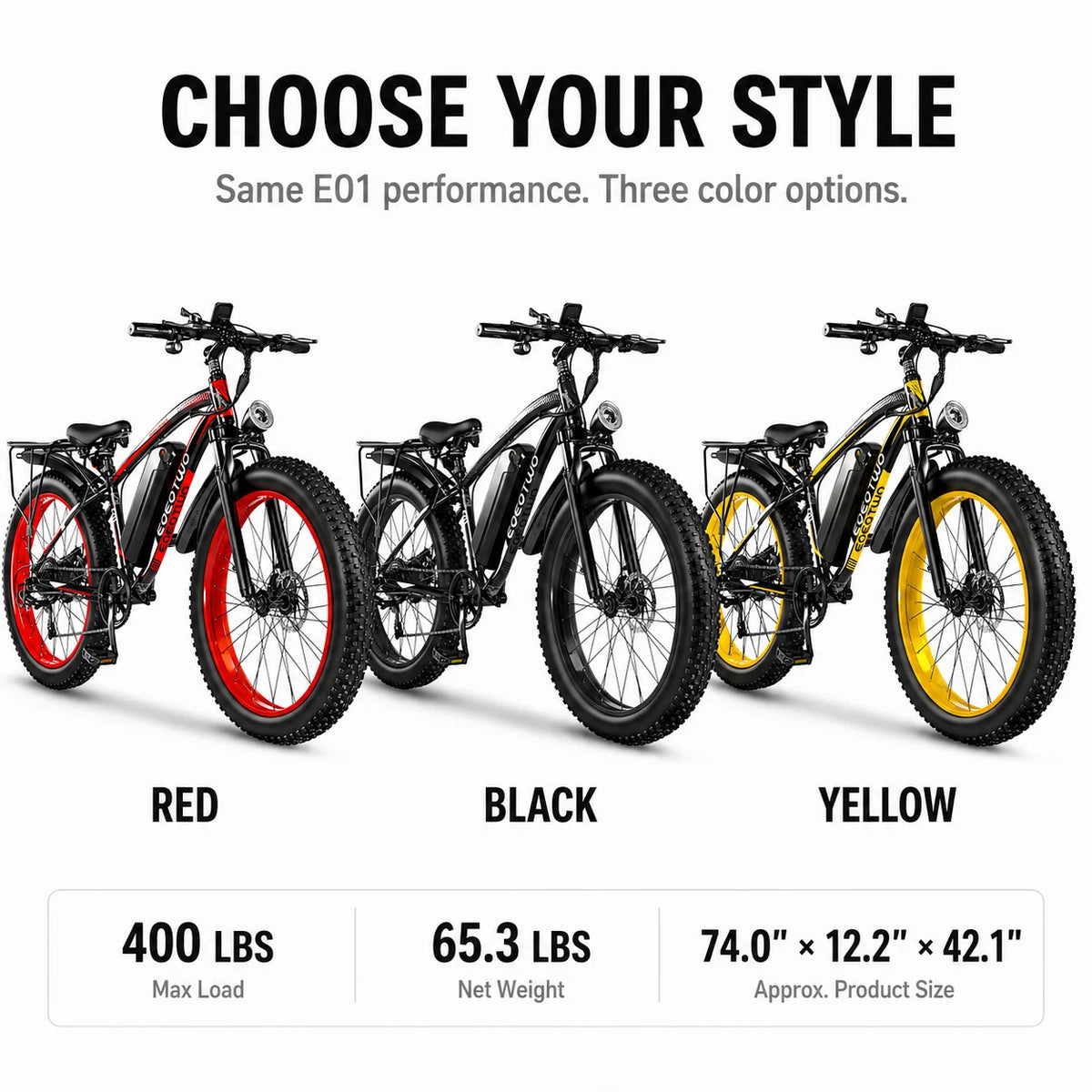 EOEOTWO Fat Tire Electric Bike With 1000W Motor Extended Range